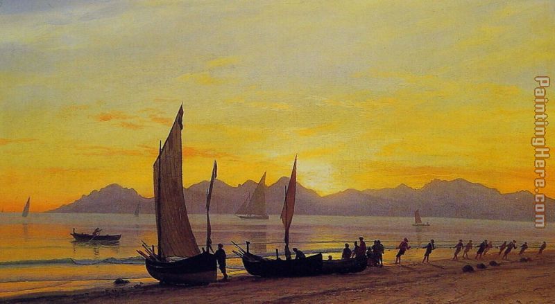 Albert Bierstadt Boats Ashore at Sunset